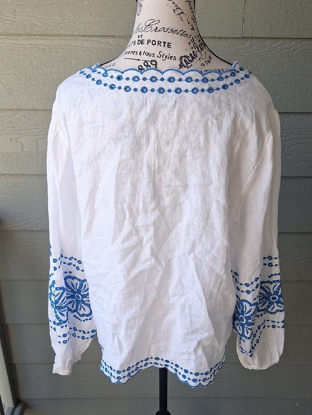 J. Crew Bungalow Embroidered Tunic Top Linen White & Blue Size L - Picture 11 of 12